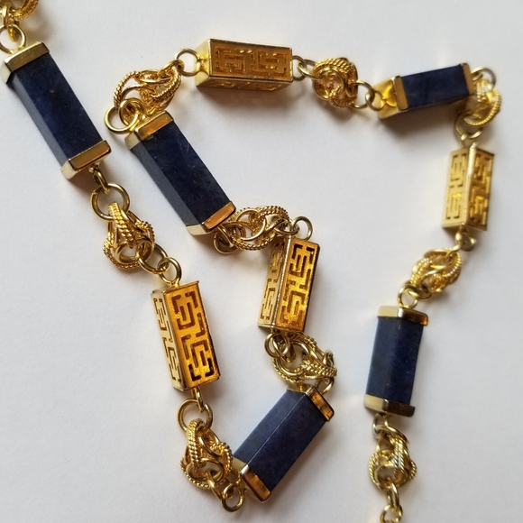 ❗Vintage Lapis Lazuli Style Barrel Greek Key Filigree Link Station Necklace❗